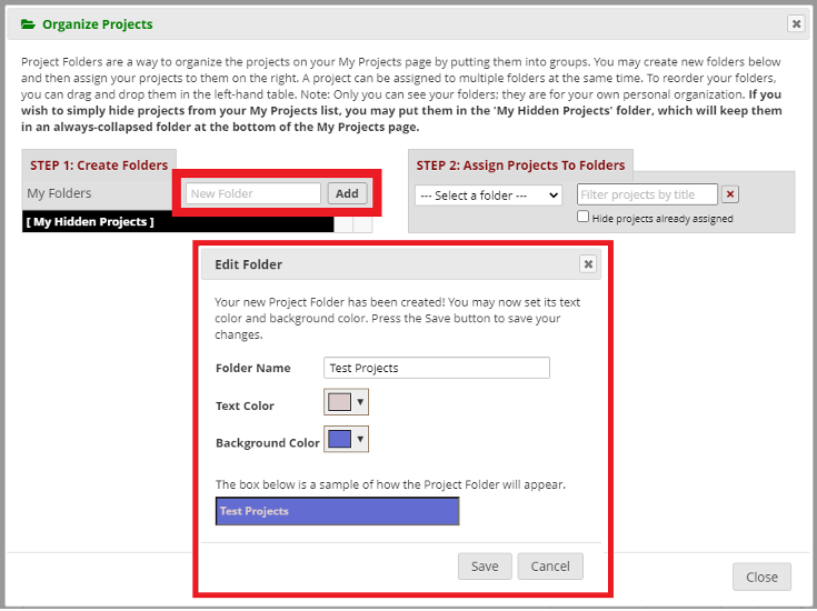 'Organize Project' window screenshot; 'New Folder: Add' and 'Edit Folder' options highlighted. 