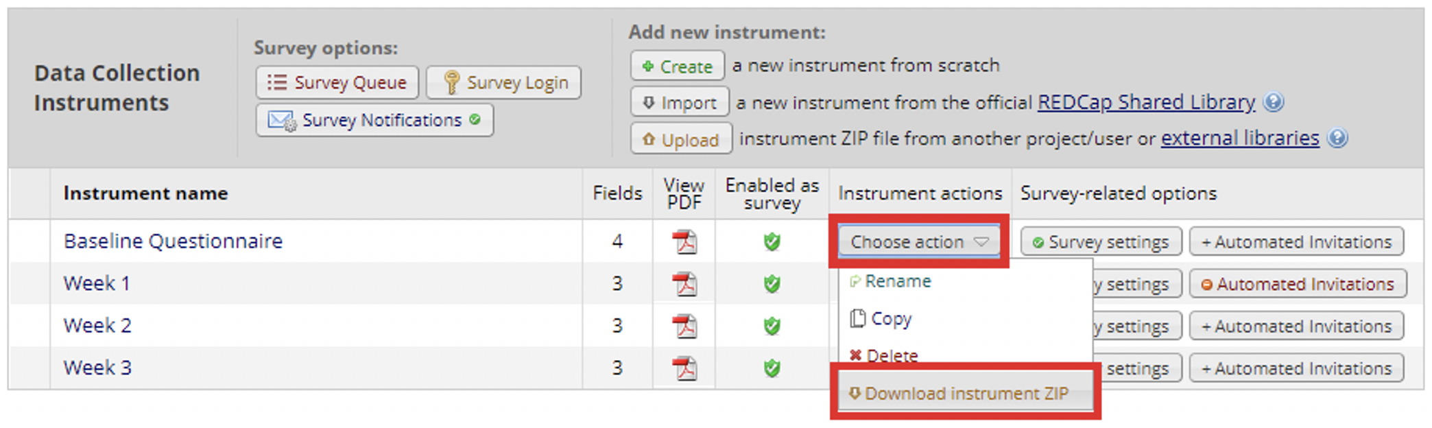 'Data Collection Instruments' screenshot with 'Choose Action' and 'Download Instrument ZIP' buttons highlighted. 