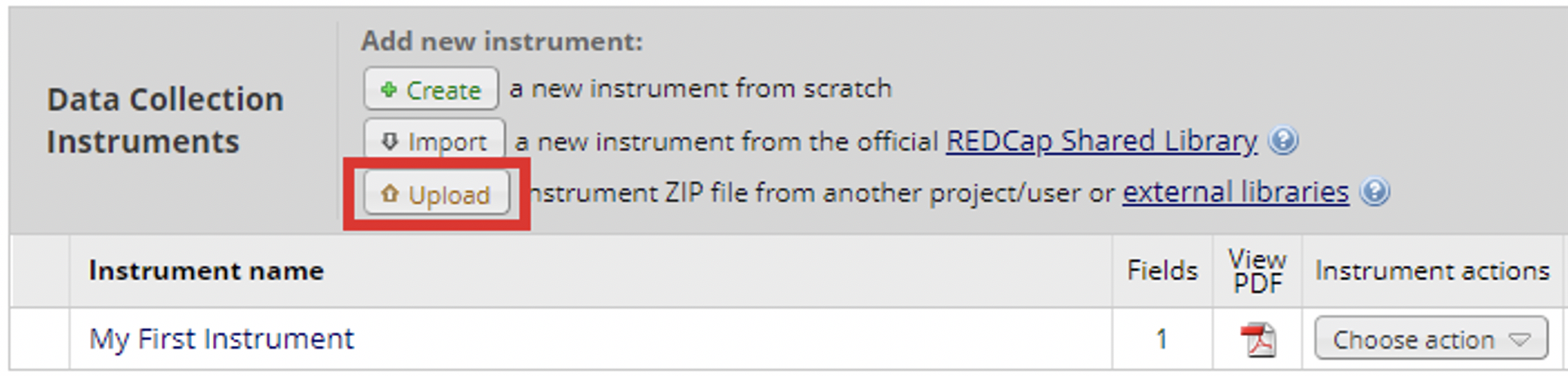 'Data Collection Instruments' screenshot with 'Upload' highlighted in 'Add New Instrument' options.