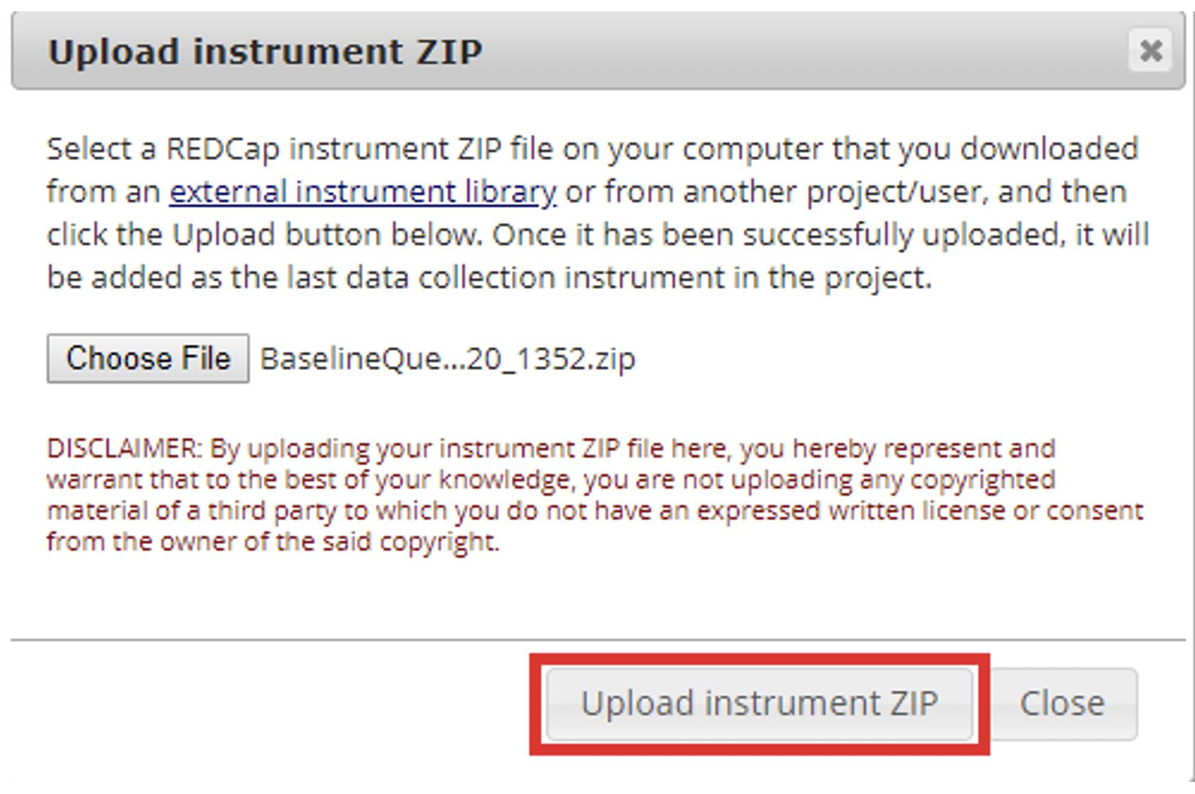 Upload Instrument ZIP screenshot with 'Upload Instrument ZIP' button highlighted.